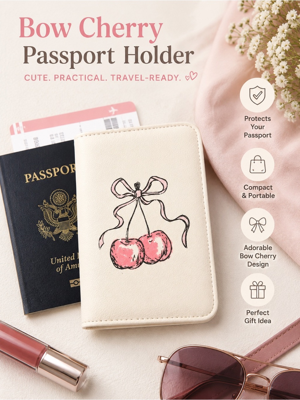 Elegant Cream Travel‎ Bag with Cherry Design